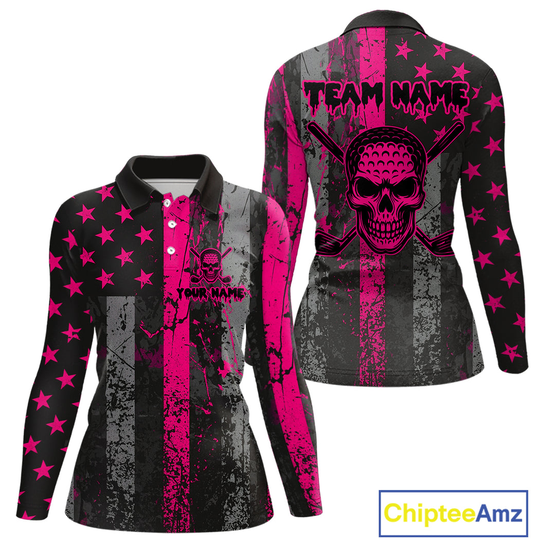 Custom Pink Grunge American Flag Patriotic Skull Golf Shirt For Women, Retro Ladies Golf top NQS10482