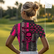 Load image into Gallery viewer, Custom Pink Grunge American Flag Patriotic Skull Golf Shirt For Women, Retro Ladies Golf top NQS10482