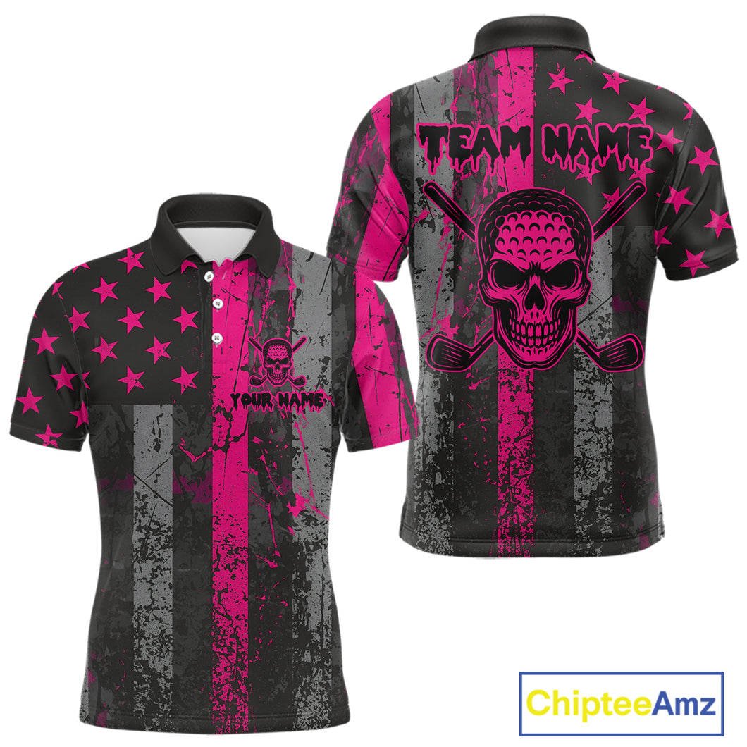 Custom Pink Grunge American Flag Patriotic Skull Golf Shirt For Men, Retro Mens Golf top NQS10482