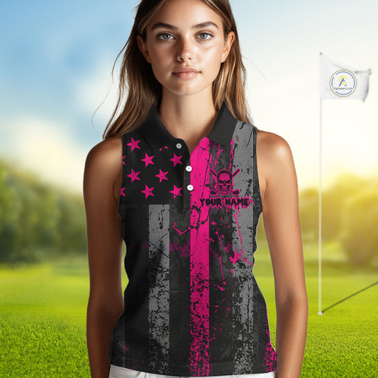 Custom Pink Grunge American Flag Patriotic Skull Sleeveless Golf Polo Shirt, Retro Golf top NQS10482