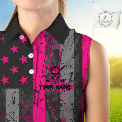 Custom Pink Grunge American Flag Patriotic Skull Sleeveless Golf Polo Shirt, Retro Golf top NQS10482