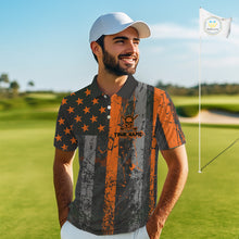 Load image into Gallery viewer, Custom Orange Grunge American Flag Patriotic Skull Halloween Golf Shirt For Men, Retro Mens Golf top NQS10483