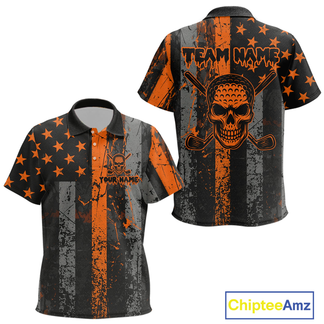 Custom Orange Grunge American Flag Patriotic Skull Halloween Golf Shirt For Kid, Retro Kid Golf top NQS10483