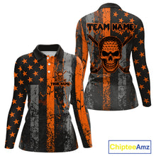 Load image into Gallery viewer, Custom Orange Grunge American Flag Patriotic Skull Halloween Golf Shirt For Women, Ladies Golf top NQS10483