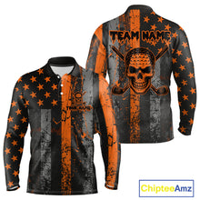 Load image into Gallery viewer, Custom Orange Grunge American Flag Patriotic Skull Halloween Golf Shirt For Men, Retro Mens Golf top NQS10483