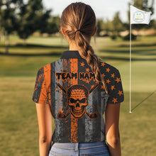 Load image into Gallery viewer, Custom Orange Grunge American Flag Patriotic Skull Halloween Golf Shirt For Women, Ladies Golf top NQS10483
