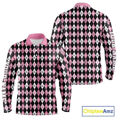 Black and Pink ribbons argyle pattern Mens golf polo shirt Custom Breast Cancer Awareness golf outfit NQS10513