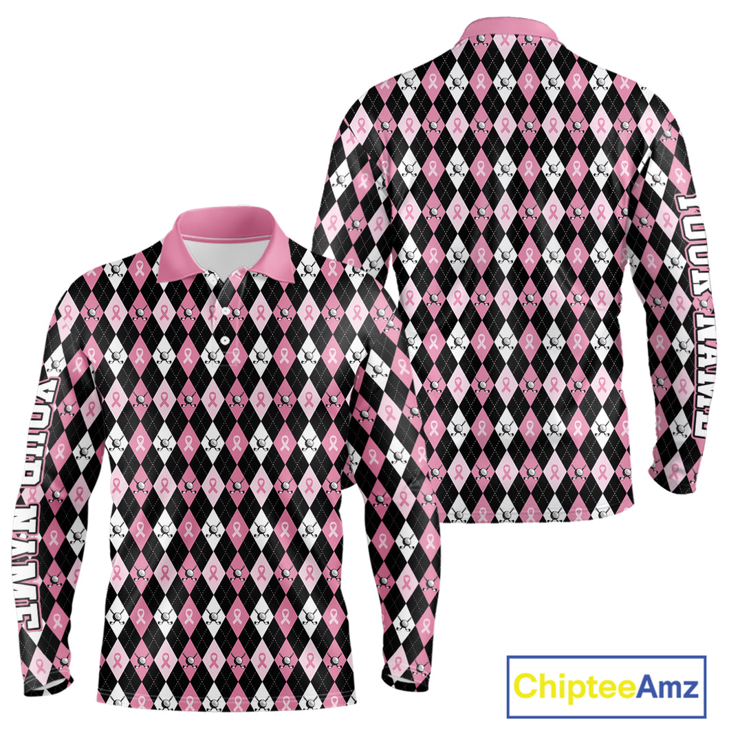 Black and Pink ribbons argyle pattern Mens golf polo shirt Custom Breast Cancer Awareness golf outfit NQS10513