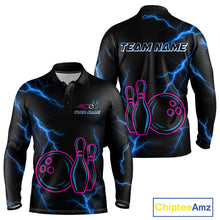 Load image into Gallery viewer, Blue lightning thunder pink neon Bowling Polo, Quarter Zip Shirts For Men Custom Bowling Team Jersey NQS10181