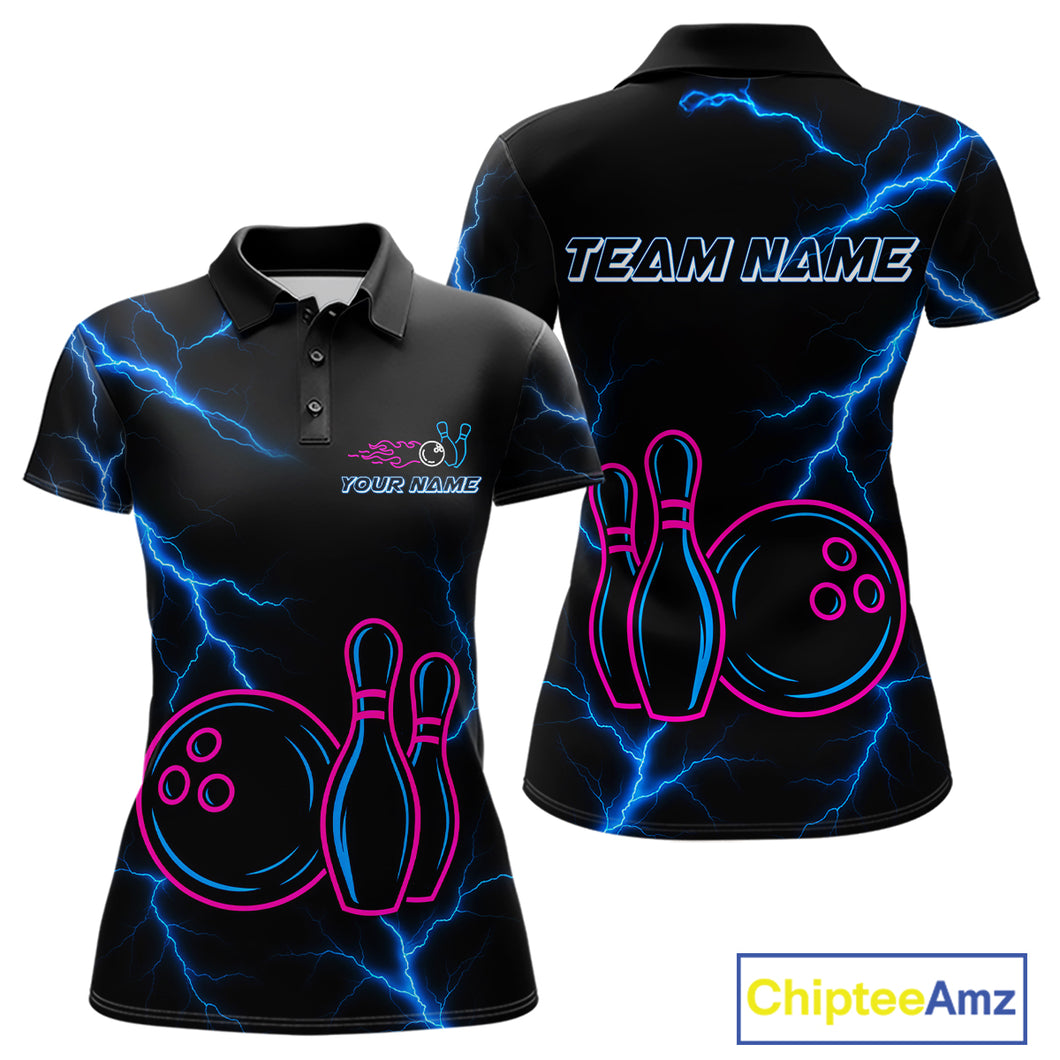 Blue lightning thunder pink neon Bowling Polo, Quarter Zip Shirt For Women Custom Bowling Team Jersey NQS10181