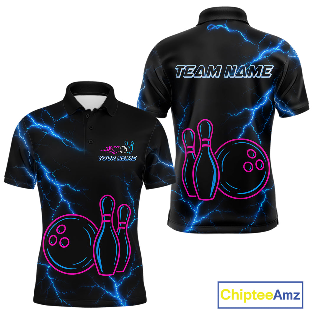 Blue lightning thunder pink neon Bowling Polo, Quarter Zip Shirts For Men Custom Bowling Team Jersey NQS10181