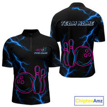 Load image into Gallery viewer, Blue lightning thunder pink neon Bowling Polo, Quarter Zip Shirts For Men Custom Bowling Team Jersey NQS10181