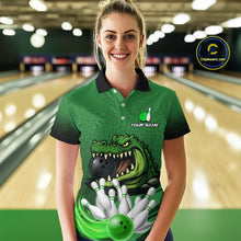 Load image into Gallery viewer, Funny Green Alligator Bowling Polo, Quarter Zip shirts for Women Custom Team bowling league jersey NQS10588