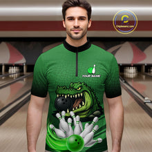 Load image into Gallery viewer, Funny Green Alligator Bowling Polo, Quarter Zip shirts for Men Custom Team bowling league jersey NQS10588