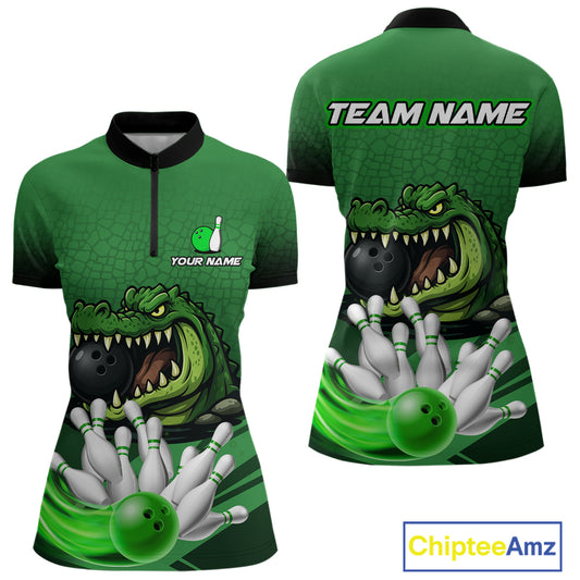 Funny Green Alligator Bowling Polo, Quarter Zip shirts for Women Custom Team bowling league jersey NQS10588
