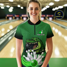 Load image into Gallery viewer, Funny Green Alligator Bowling Polo, Quarter Zip shirts for Women Custom Team bowling league jersey NQS10588