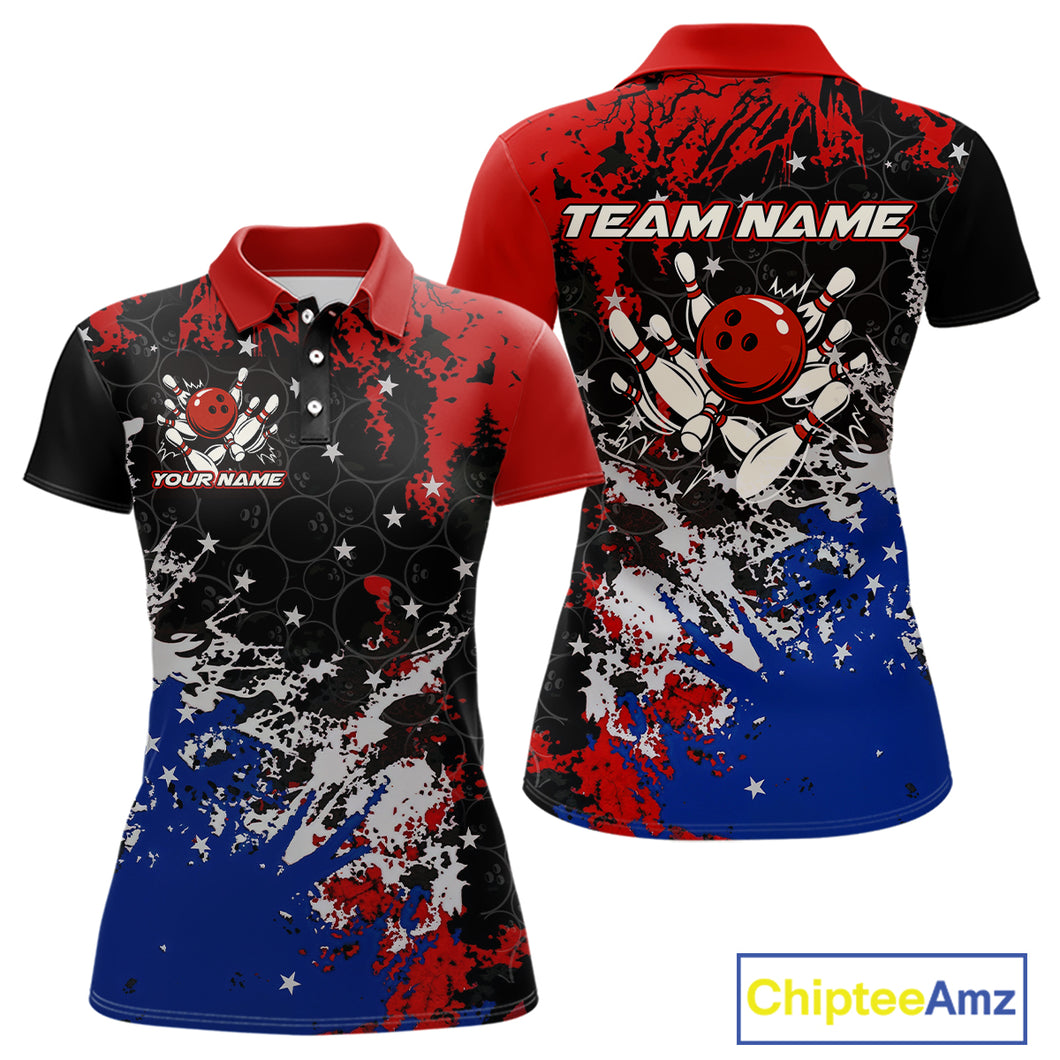 Red, White and Blue Camo Bowling Polo, Quarter Zip shirts for Women Custom Patriotic Gift For Bowlers NQS10589