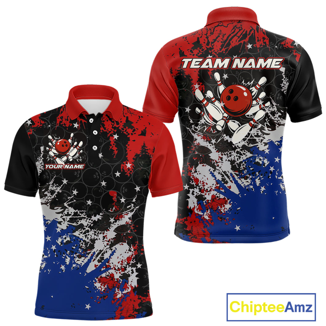 Red, White and Blue Camo Bowling Polo, Quarter Zip shirts for Men Custom Patriotic Gift For Bowlers NQS10589