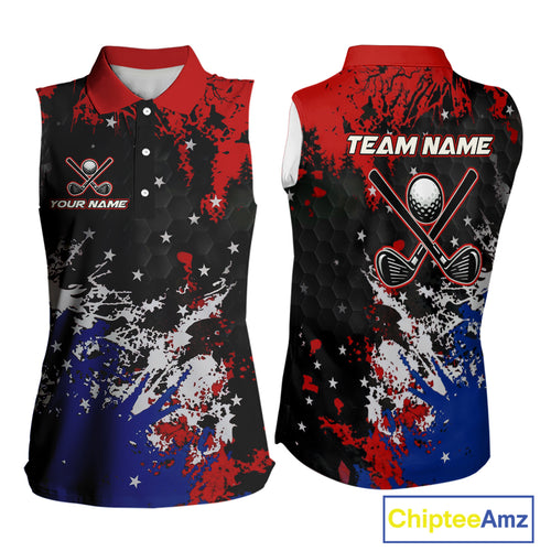 Red, White and Blue Women Sleeveless polo shirt Custom Patriotic Gift For Golfers, Ladies golf outfit NQS10590