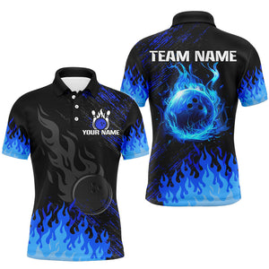 Personalized black and blue Flame bowling Polo, Quarter Zip shirts for Men, custom bowling jerseys NQS7735