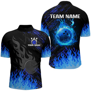 Personalized black and blue Flame bowling Polo, Quarter Zip shirts for Men, custom bowling jerseys NQS7735