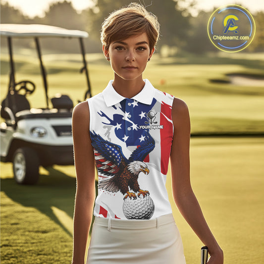 Red, White & Blue American Flag Eagle Women Sleeveless Polo Shirt Custom Patriotic Ladies Golf attire NQS10640
