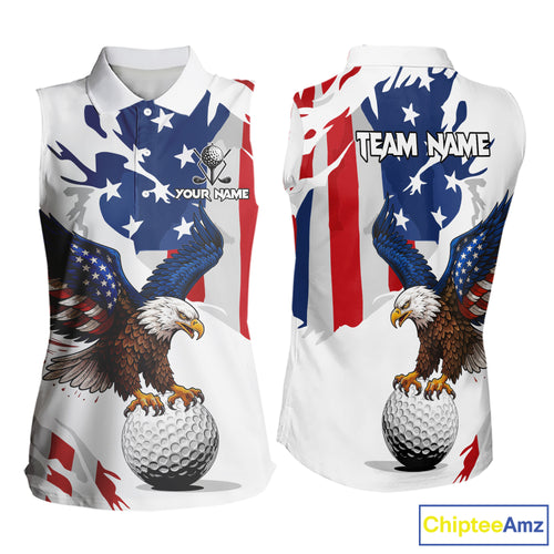 Red, White & Blue American Flag Eagle Women Sleeveless Polo Shirt Custom Patriotic Ladies Golf attire NQS10640