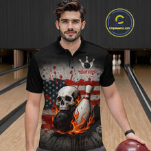 Load image into Gallery viewer, Personalized American Flag Flame Skull Bowling Shirts For Men Custom Patriotic Bowling Team Jersey NQS10462