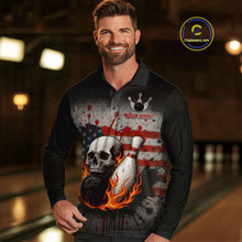Load image into Gallery viewer, Personalized American Flag Flame Skull Bowling Shirts For Men Custom Patriotic Bowling Team Jersey NQS10462