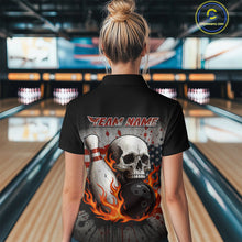 Load image into Gallery viewer, Personalized American Flag Flame Skull Bowling Shirts For Women Custom Patriotic Bowling Team Jersey NQS10462
