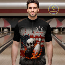 Load image into Gallery viewer, Personalized American Flag Flame Skull Bowling Shirts For Men Custom Patriotic Bowling Team Jersey NQS10462