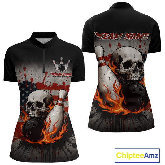 Personalized American Flag Flame Skull Bowling Shirts For Women Custom Patriotic Bowling Team Jersey NQS10462