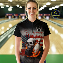 Load image into Gallery viewer, Personalized American Flag Flame Skull Bowling Shirts For Women Custom Patriotic Bowling Team Jersey NQS10462