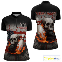 Load image into Gallery viewer, Personalized American Flag Flame Skull Bowling Shirts For Women Custom Patriotic Bowling Team Jersey NQS10462