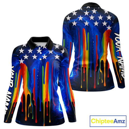 Blue lightning thunder rainbow American Flag Women golf polos Custom patriotic ladies golf outfit NQS10154