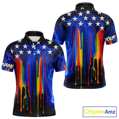 Blue lightning thunder rainbow American Flag Men golf polo shirts Custom patriotic mens golf outfit NQS10154