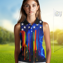 Load image into Gallery viewer, Blue lightning thunder rainbow American Flag Women sleeveless polo shirt, patriotic golf outfit NQS10154