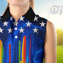 Load image into Gallery viewer, Blue lightning thunder rainbow American Flag Women sleeveless polo shirt, patriotic golf outfit NQS10154