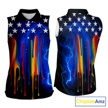 Load image into Gallery viewer, Blue lightning thunder rainbow American Flag Women sleeveless polo shirt, patriotic golf outfit NQS10154
