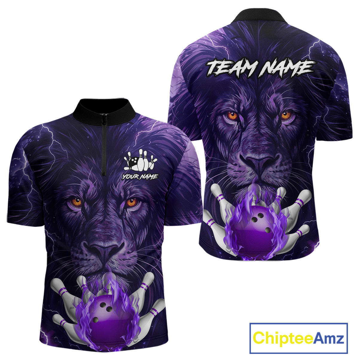 Purple Lightning thunder Flame Lion Bowling Polo, 1/4 Zip shirts for Men Custom bowling team jerseys NQS10175