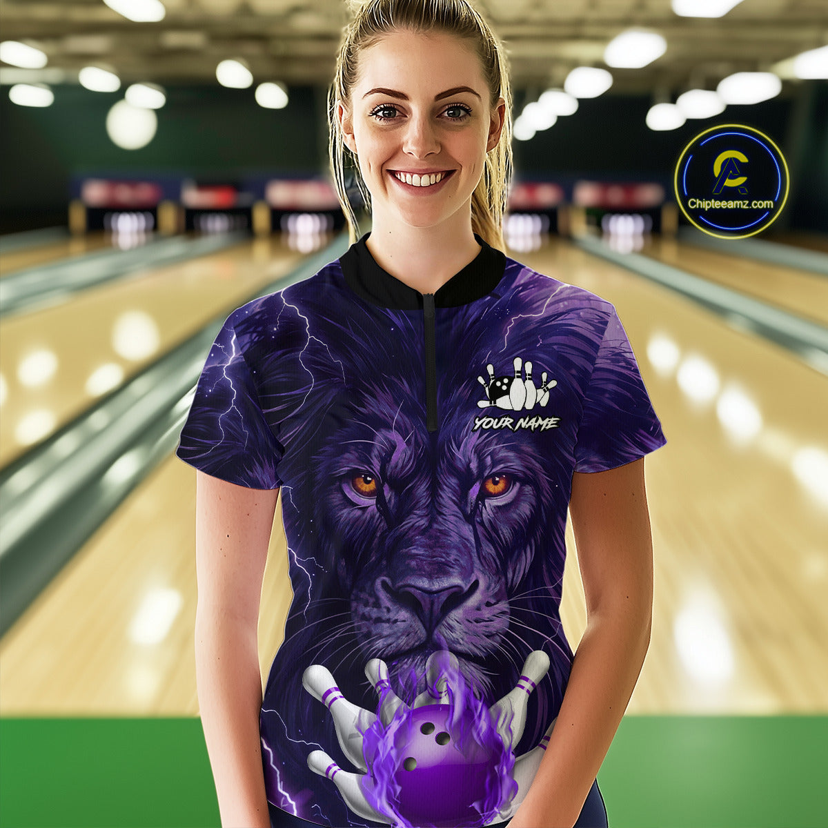 Purple Lightning thunder Flame Lion Bowling Polo, 1/4 Zip shirts for Women Custom bowling team jersey NQS10175