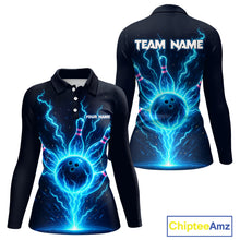 Load image into Gallery viewer, Blue Lightning Thunder Bowling Polo, Quarter Zip Shirts for Women Custom Team Bowling Shirts NQS10520