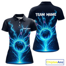 Load image into Gallery viewer, Blue Lightning Thunder Bowling Polo, Quarter Zip Shirts for Women Custom Team Bowling Shirts NQS10520