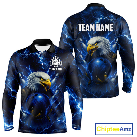 Mens bowling shirts Custom Eagle blue lightning thunder Bowling Team Jersey, gift for Bowlers NQS10336