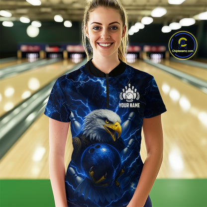 Womens bowling shirts Custom Eagle blue lightning thunder Bowling Team Jersey, gift for Bowlers NQS10336