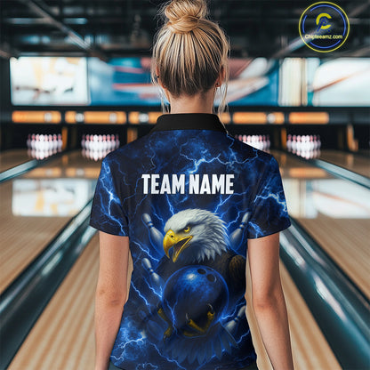 Womens bowling shirts Custom Eagle blue lightning thunder Bowling Team Jersey, gift for Bowlers NQS10336