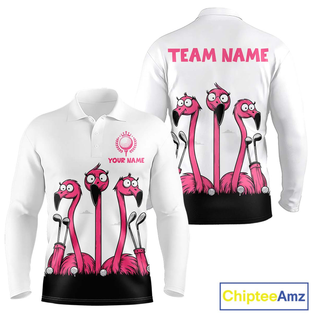 Funny pink flamingo friends white Men golf polo shirts Custom flamingo golf outfits for men NQS10201