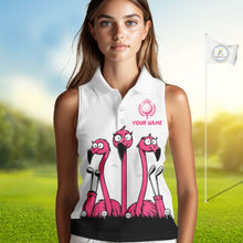 Load image into Gallery viewer, Funny pink flamingo friends white Women sleeveless polo shirt Custom flamingo ladies golf outfits NQS10201