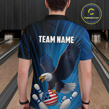 Load image into Gallery viewer, Blue Light Eagle American Flag Men's Bowling Polo, 1/4 Zip Shirt Custom Patriotic Team Bowling jersey NQS10350