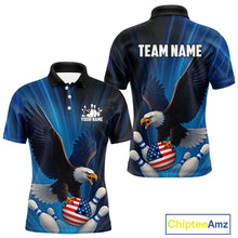 Load image into Gallery viewer, Blue Light Eagle American Flag Men's Bowling Polo, 1/4 Zip Shirt Custom Patriotic Team Bowling jersey NQS10350